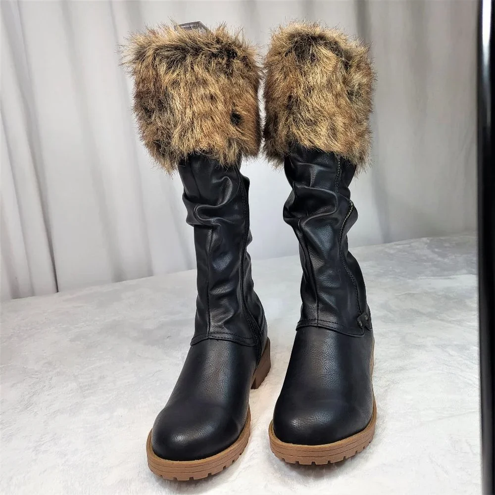 * Furry Black Matte Faux Fur Fold Over Cuff Winter Mid Calf Boots